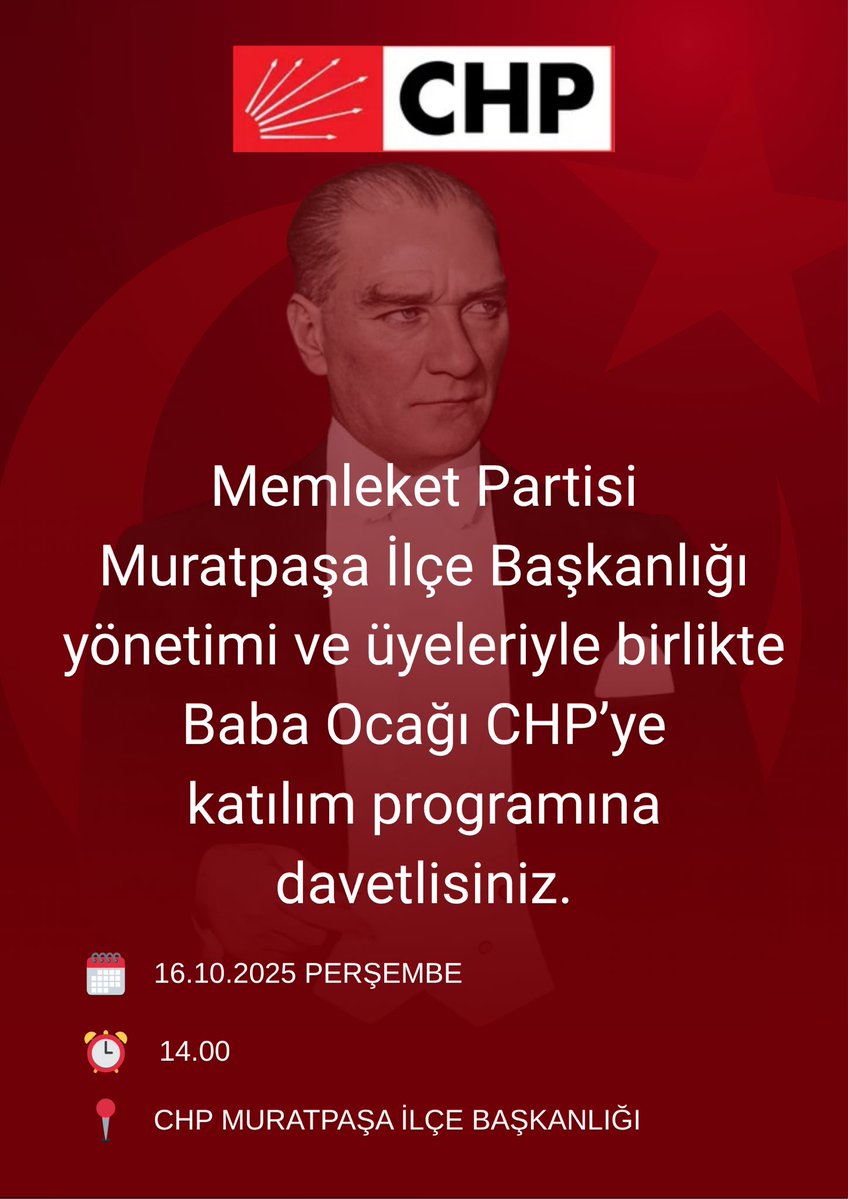 hasanoder's tweet image. DAYANIŞMA ZAMANI
Memleket Partisi Muratpaşa İlçe Başkanlığı yönetimi ve üyeleri olarak, baba ocağımız Cumhuriyet Halk Partisi’nde yeniden bir araya geliyoruz
Bu anlamlı buluşmaya sizleri de davet ediyoruz🇹🇷
Tarih: 16.10.2025 Perşembe
Saat: 14.00
Yer: CHP Muratpaşa İlçe Bşk'lığı