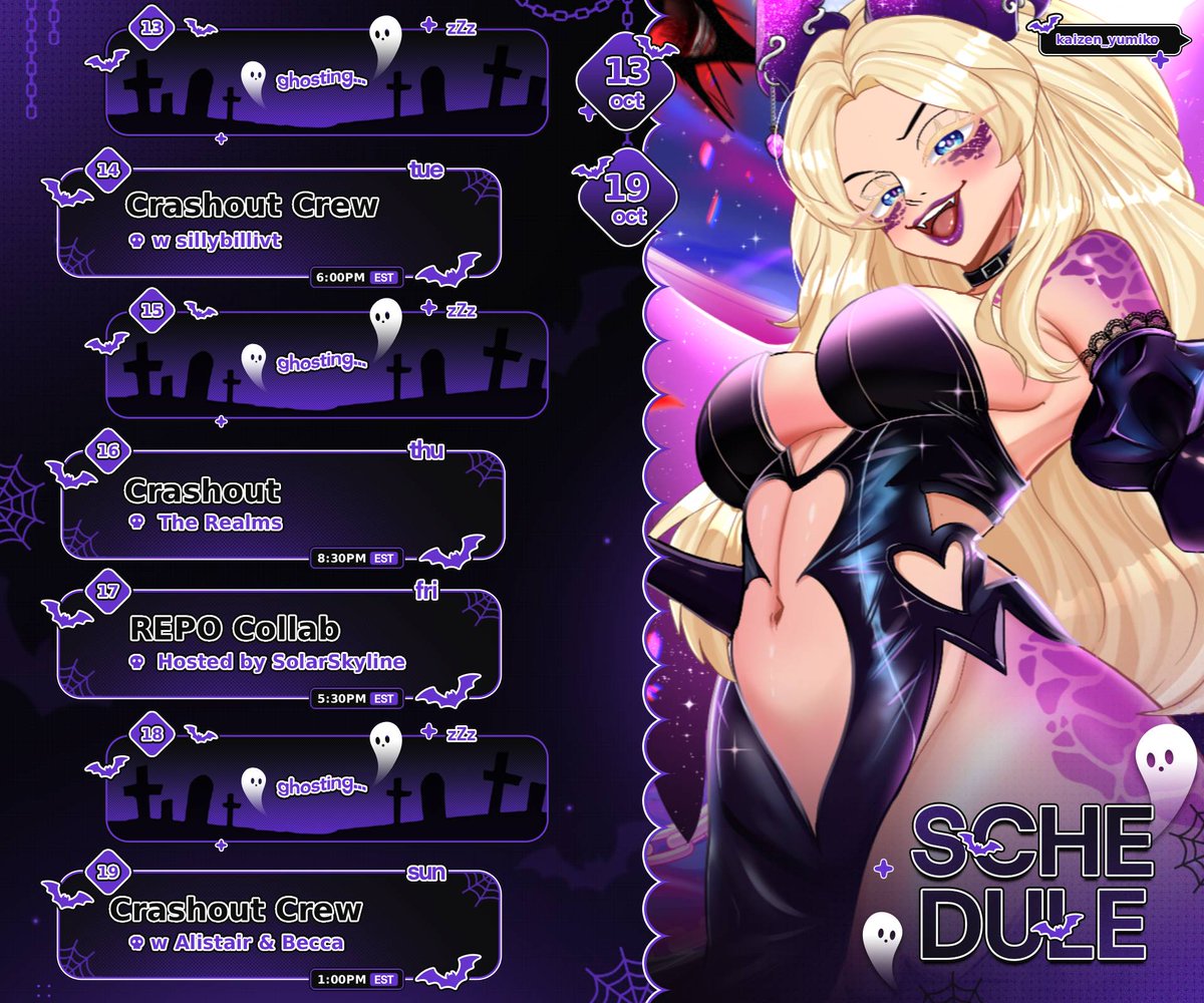 StarlightDatura's tweet image. -ˏˋ⋆ Crashing Out ⋆ ˎˊ-
Confirmed this week is Crashout Crew with @sillybilliVT , Crashout with @TheRealmsVT, REPO with @SolarSkylineVT, and Crashout Crew again with @TwoBitRabbit and @Becca_Mucosa!