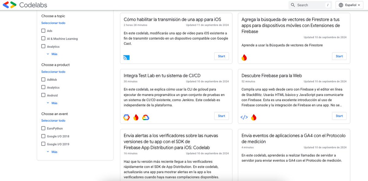 googleespanol's tweet image. 🚀Todos los tutoriales de programación de Google en un solo lugar y GRATUITOS.

En Google Codelabs puedes elegir entre una variedad de temas: desde IA hasta Realidad Virtual. Además, puedes filtrar por productos como Android y Google Cloud📚💻→ codelabs.developers.google.com