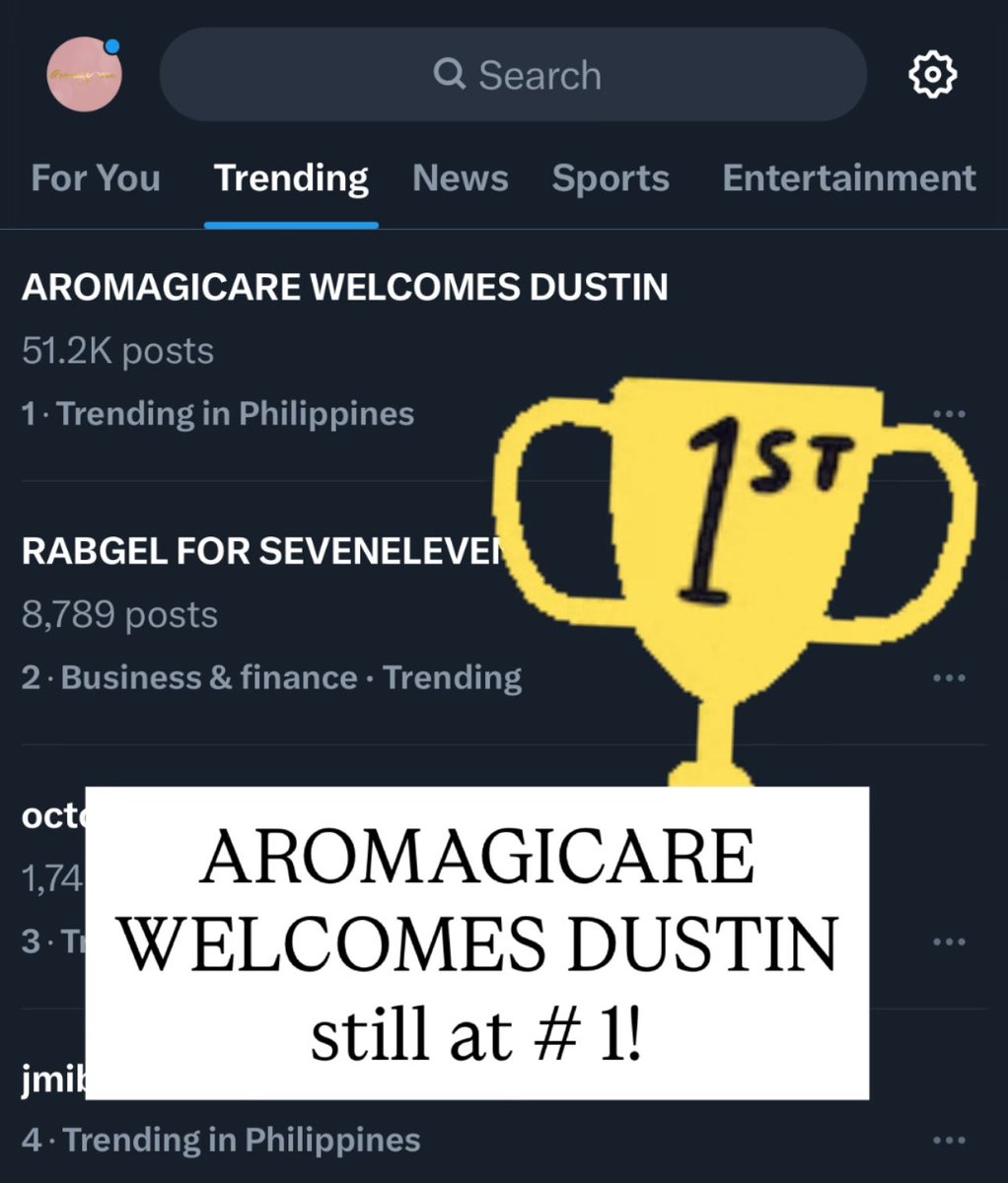 Oozing 51.2K posts and at number 1 spot, congratulations Dustin! ✨🍃

AROMAGICARE WELCOMES DUSTIN trends #1 on X! ✨👏🏻🍃

#AROMAGICARE #DustinYuAromagicare #DCYxAromagicare #DustinYu