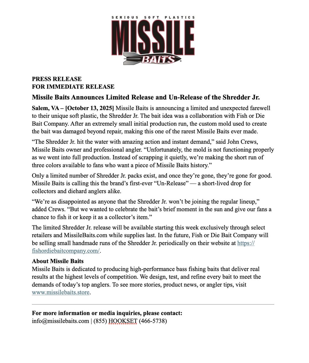 MISSILE_BAITS's tweet image. PRESS RELEASE
FOR IMMEDIATE RELEASE

Check them out here: missilebaits.store/products/missi…

#missilebaits #bassfishing #madeintheusa