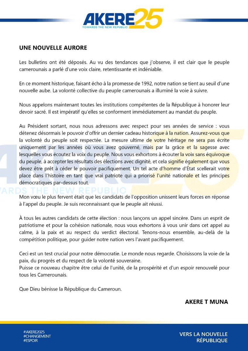 UNE NOUVELLE AURORE

Les bulletins ont été déposés. Au vu des tendances que j’observe, il est clair que le peuple camerounais a parlé d’une voix claire, retentissante et indéniable.
#foryouシ #facebookreelsviral #Politics #hope #cameroun #election2025 #cameroon #akere25