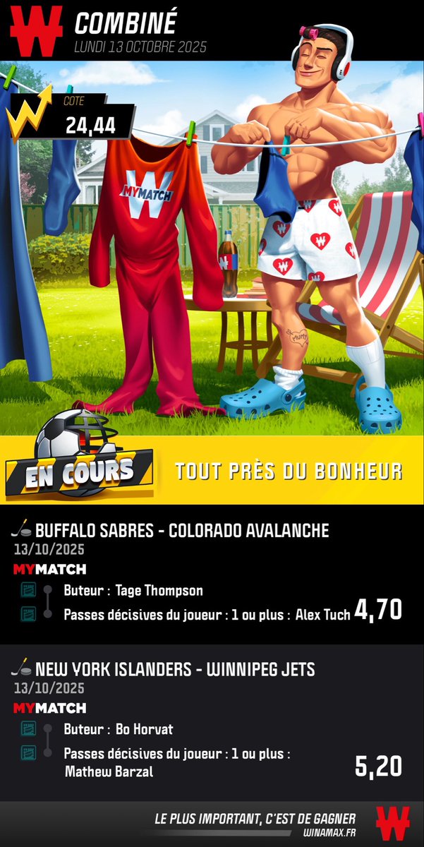 NHL 🏒 : 

• 24,44

• 50
• 97,88
• 127,50
• 137,75
• 375 

Liens wina ⬇️
winamax.link/twJRa
winamax.link/RJKLJ
winamax.link/VtIKx
winamax.link/OMisV
winamax.link/pWPFV

GL, et dsl pour ceux qui n’ont pas wina