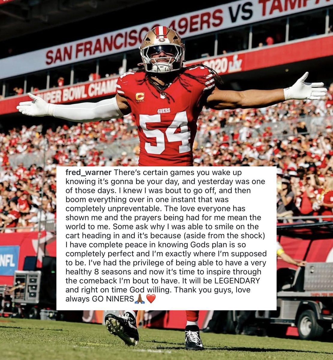 Coach_Yac's tweet image. Fred Warner has a message for the Faithful