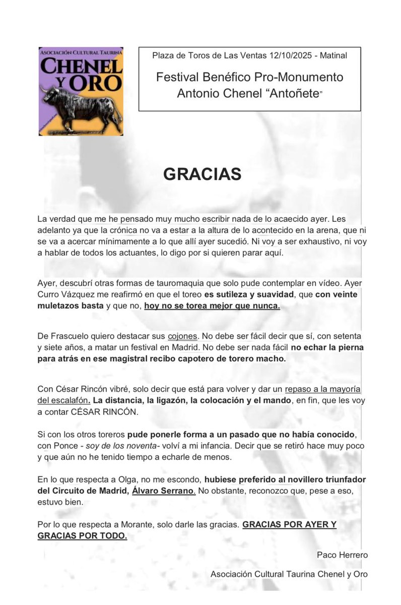 ✒️CRÓNICA CHENEL Y ORO💜💛

Plaza de Toros de Madrid

FESTIVAL BENÉFICO MONUMENTO ANTONIO CHENEL “ANTOÑETE”✨

12 de Octubre de 2025

 💜💛✨GRACIAS  ✨💛💜