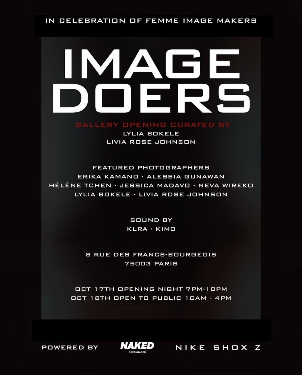 Vendredi je mixe pour l’opening night de Image Doers powered by Naked Copenhagen &amp; Nike

Évent qui mets en avant les femmes photographes 👯‍♀️🪽

B2B avec ma chérie Kim0 !!!

📌 8 rue des Francs-Bourgeois, 75003
