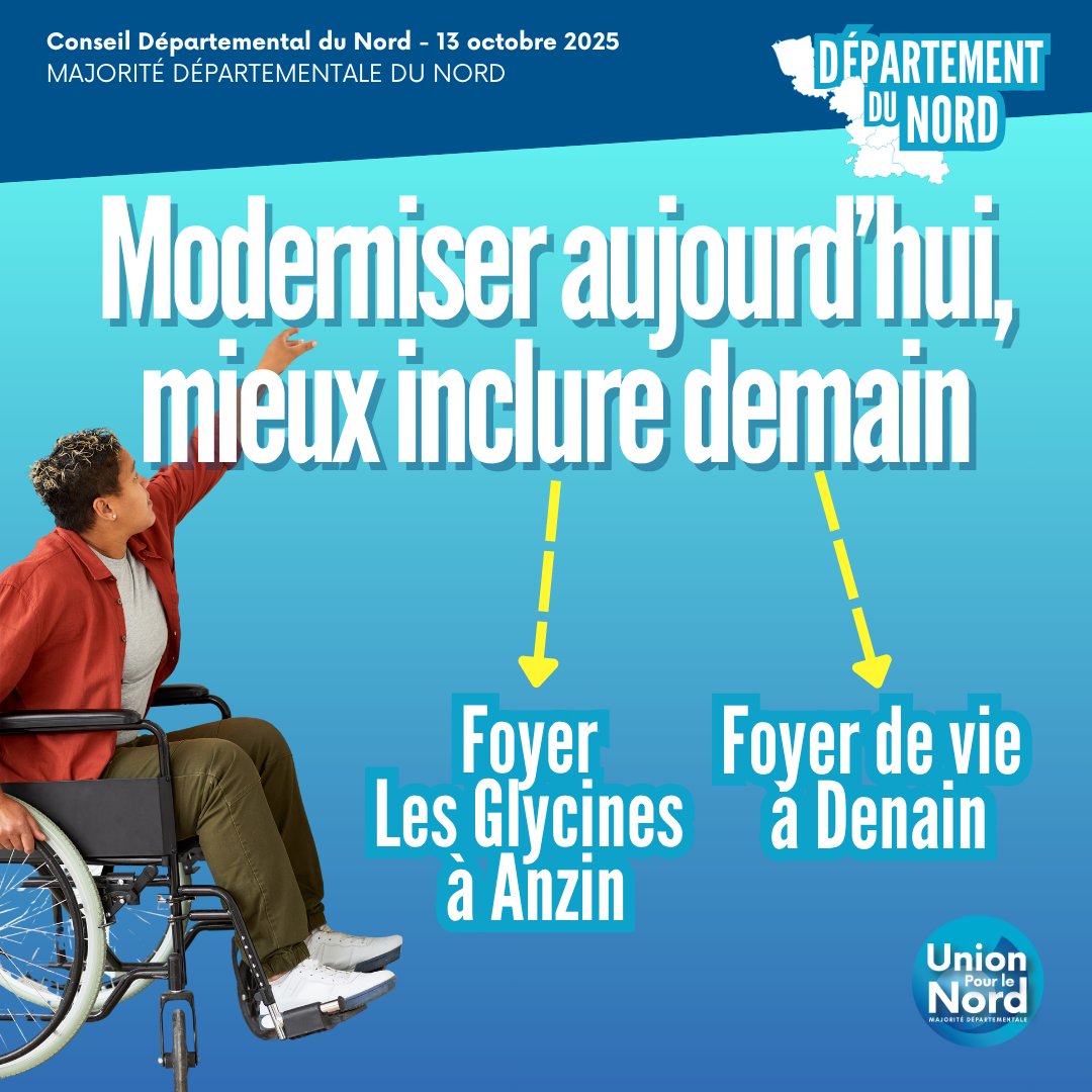 ✅#CD59 C’EST VOTÉ ! Les élus Union Pour le Nord ont voté 1M€ de subventions pour moderniser 2 foyers accueillant des personnes en situation de handicap :

🏡 Reconstruction du Foyer Les Glycines à Anzin

🦽 Médicalisation de 6 places à Denain

#Inclusion #Handicap #Nord