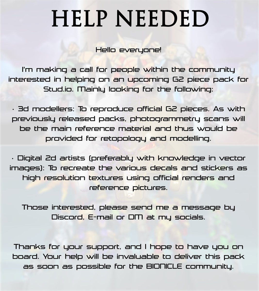 Ohlu_CG's tweet image. Hi! I&apos;m looking for 3d modellers and digital artists within the Bionicle community interested in collaborating on a pack of G2 pieces to be released in 2026.
More details and contact info in the images below
#Bionicle #digitalart  #vectorart #3dmodelling #3Dmodel