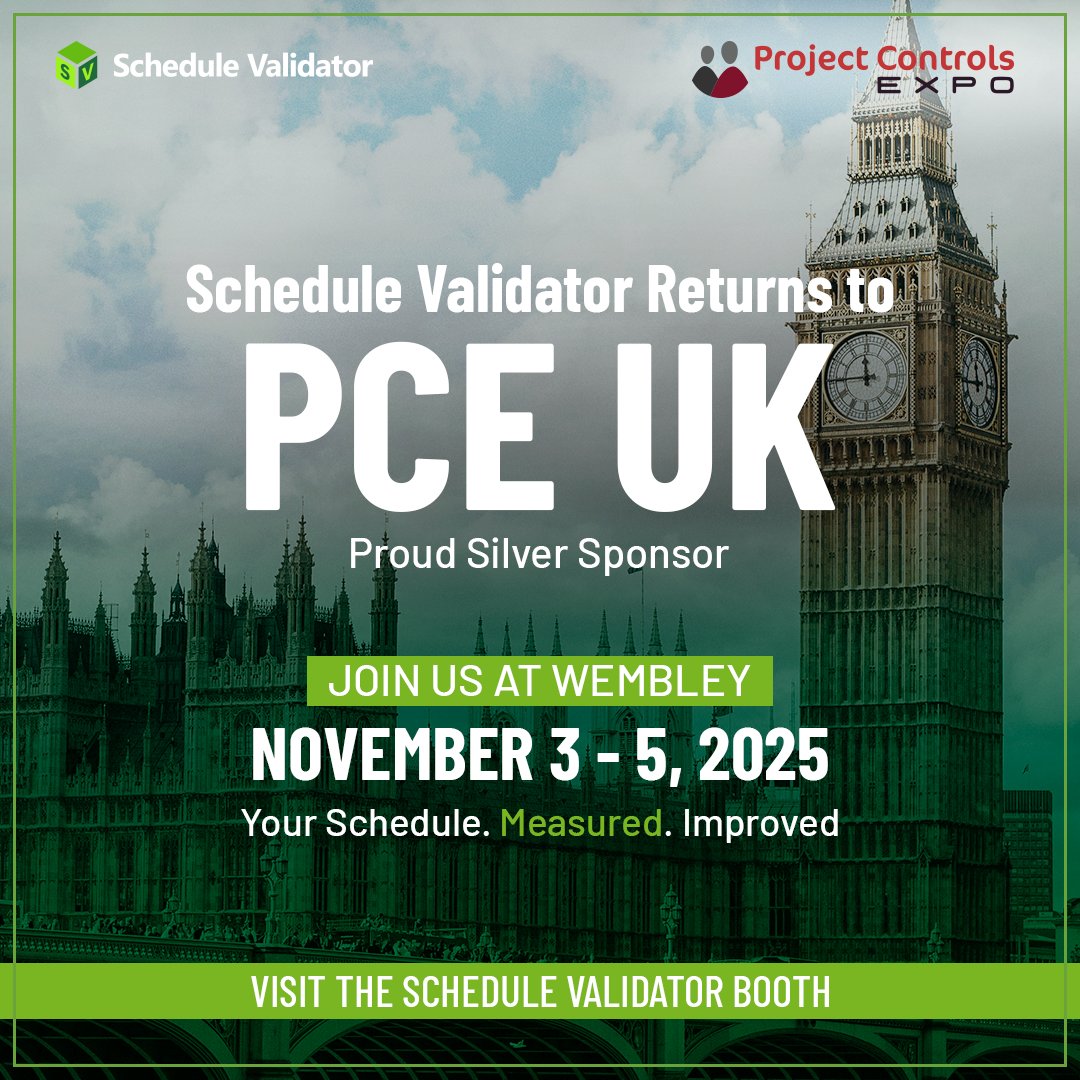 SchedValidate's tweet image. We’re heading to London for Project Controls Expo UK 2025! 🇬🇧
Excited to meet the global project controls community at Wembley Stadium and explore how smarter validation drives better project outcomes.
#PCEUK #ScheduleValidator #Scheduling #DataDriven #ProjectControls #CPM