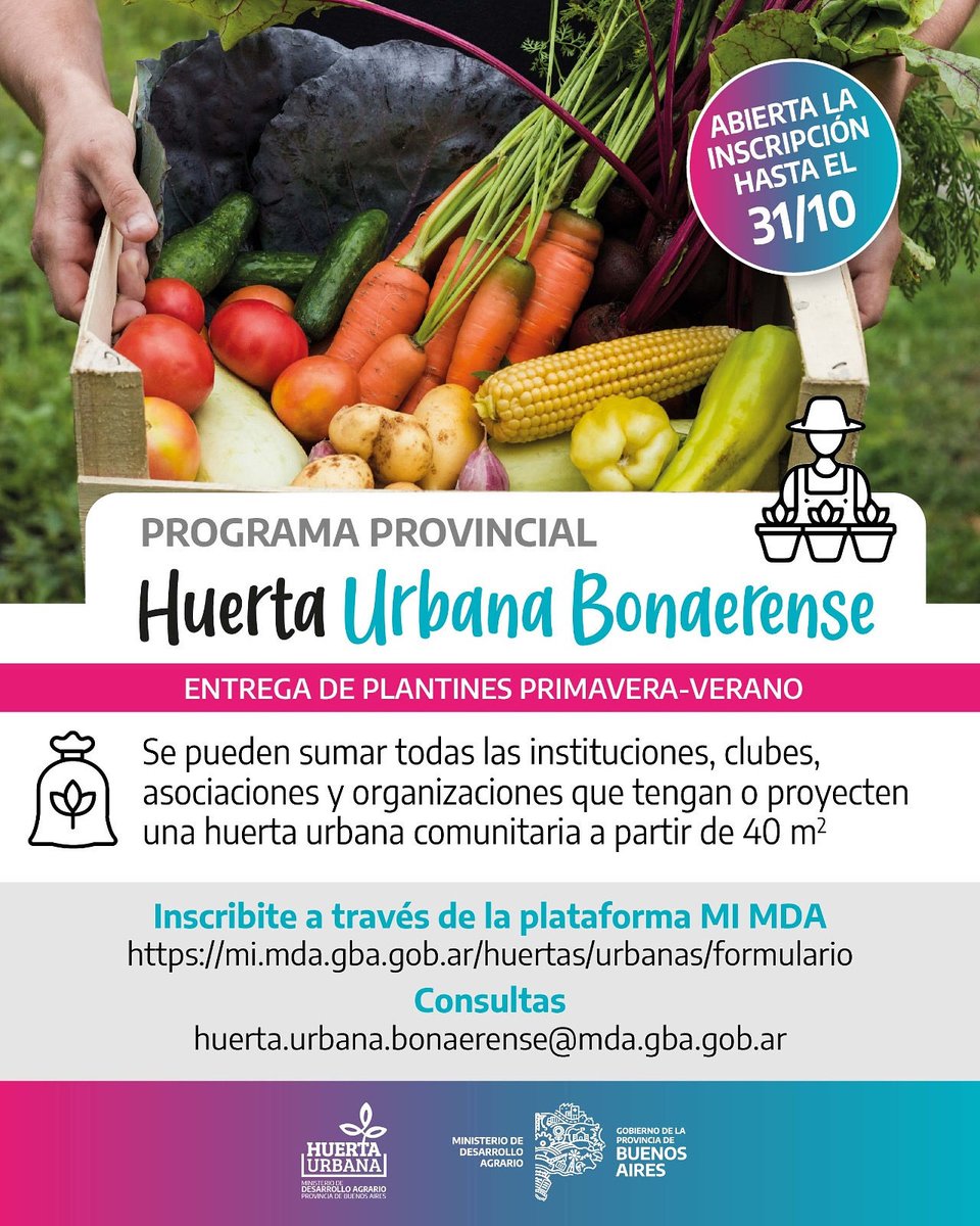 👨‍🌾🧑‍🌾Huerta Urbana Bonaerense

Sigue abierta la inscripción al programa a través del cual entregamos plantines a huertas comunitarias de la provincia de Buenos Aires.

🗓️Fecha límite: 31/10

🔗Más información e inscripción en gba.gob.ar/desarrollo_agr…