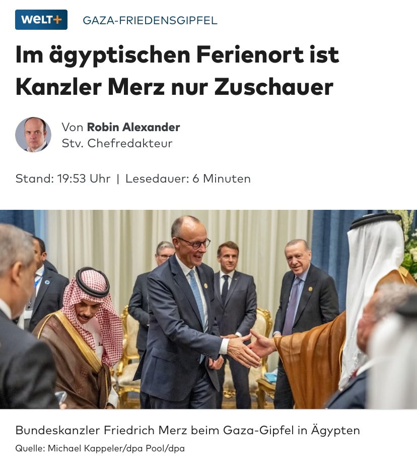 Zum Glück hat Donald Trump die Europäer auf die Zuschauertribüne verbannt. Dann können sie wenigstens nichts kaputt machen. Bedauerlich ist nur, dass die Steuerzahler für die touristischen Ausflüge von Friedrich #Merz bezahlen müssen.