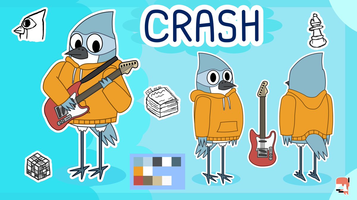 Crash is a blue titmouse who plays lead guitar in 'Kit 'N Kaboodle'. He's chill and quiet, but will happily dispense some wisdom to the gang. He likes math, rock, and math rock!
