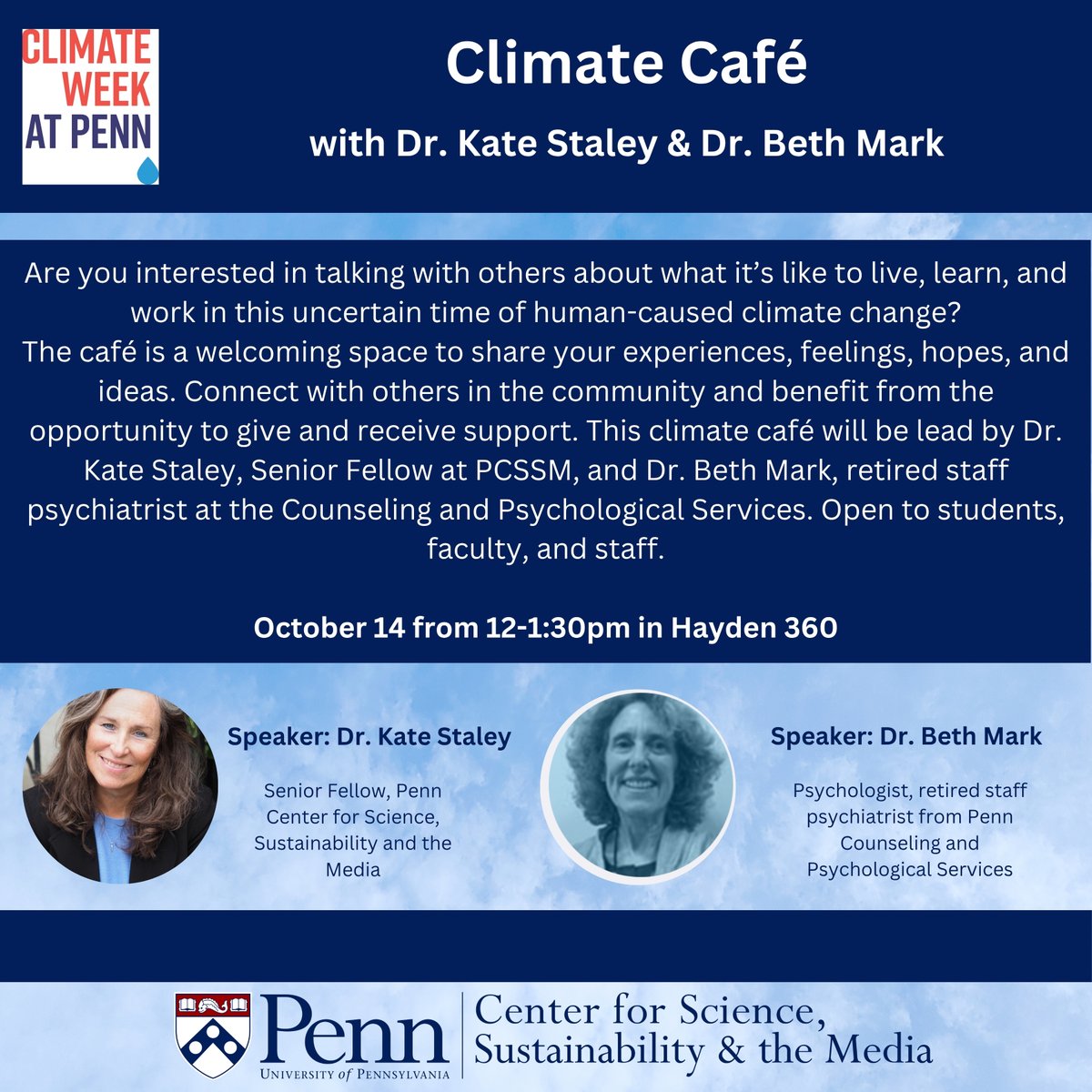 PennCSSM's tweet image. Last chance to sign up for our Climate Cafe tomorrow led by PCSSM Senior Fellow Dr. Kate Staley and Dr. Beth Mark! Share your thoughts&amp;amp; feelings about climate change in a supportive setting. Sign up here: web.sas.upenn.edu/pcssm/calendar…
#climatechange #ClimateWeekatPenn @MichaelEMann