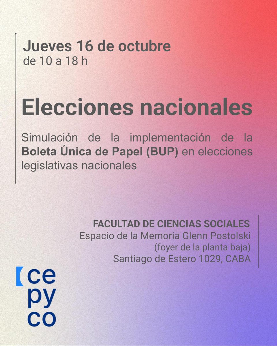 cepy_co's tweet image. ➡️ Simulación de la implementación de la Boleta Única de Papel (BUP) en elecciones legislativas nacionales.
🗓️ Jueves 16.10
🕕 18 horas
📍 Facultad de Ciencias Sociales
¡Les esperamos!