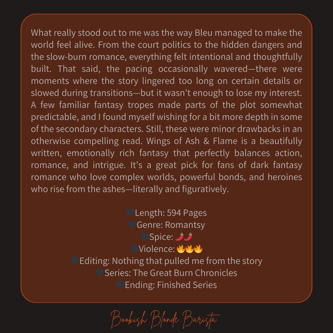 bookishbb's tweet image. 🔥 4⭐ REVIEW 🔥
Wings of Ash &amp;amp; Flame by Jocelyn Bleu is a dark fantasy filled with phoenix fire, political tension, &amp;amp; a heroine who literally rises from the ashes.
Gorgeous world-building, a slow-burn romance, and emotional depth—this one soars.

#BookReview #FantasyRomance