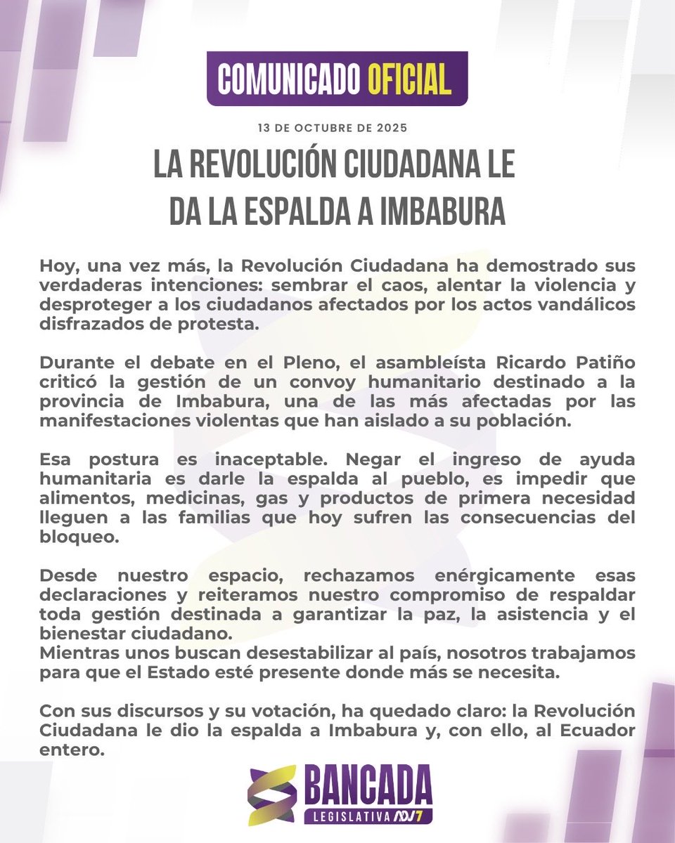 🟣COMUNICADO🟣

La Revolución Ciudadana le da la espalda a Imbabura <a href="/mishelmanchenok/">Mishel Mancheno</a>  <a href="/Adnecuadorok/">AdnEcuadorOk</a>