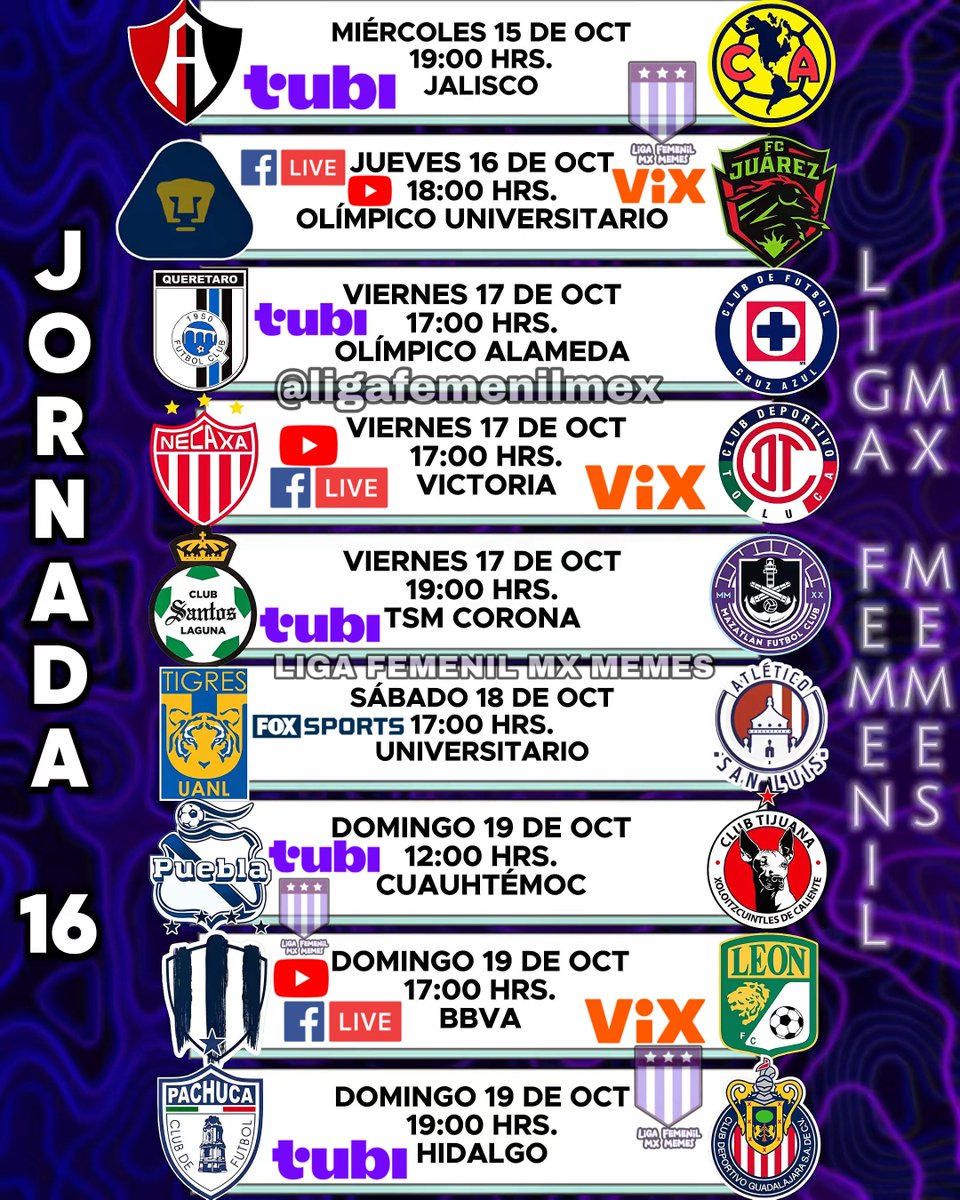 Les dejamos su bonito calendario para la jornada 16 🔥
*Sujeto a cambios*
#LigaBBVAMXFemenil #FutFem #FutFemDondeSea