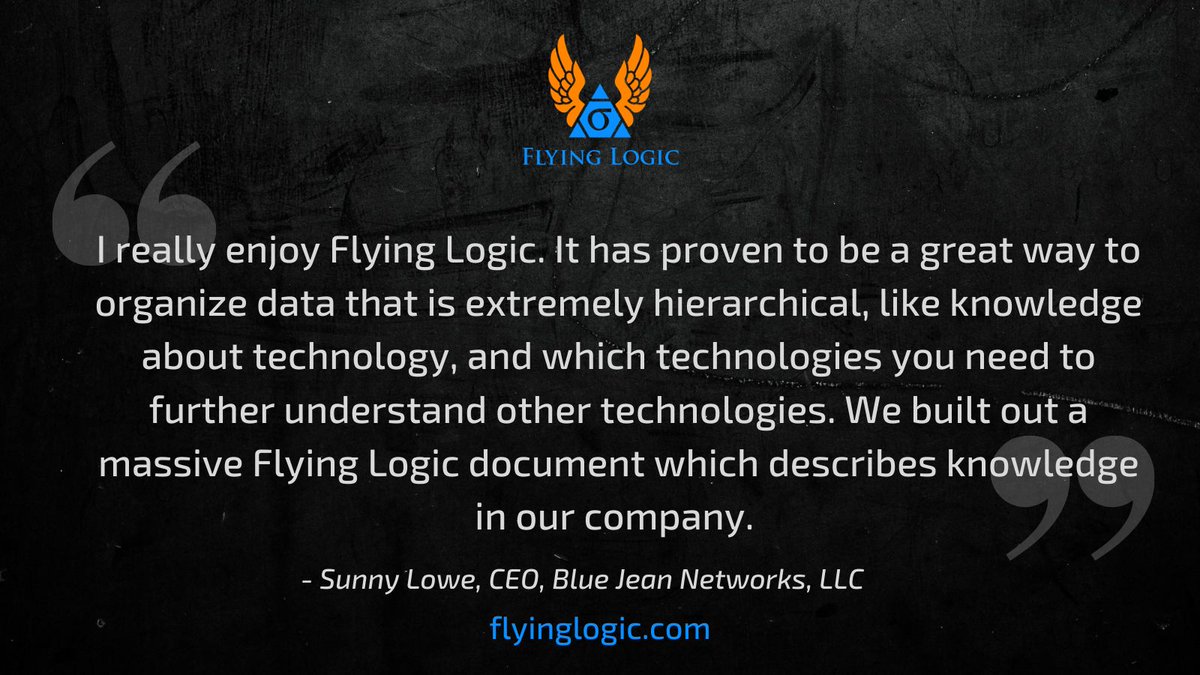 WolfMcNally's tweet image. I really enjoy Flying Logic. It has proven to be a great way to organize data that is extremely hierarchical...We built out a massive Flying Logic document which describes knowledge in our company. - Sunny Lowe, CEO, Blue Jean Networks, LLC #toolsforthought #theoryofconstraints