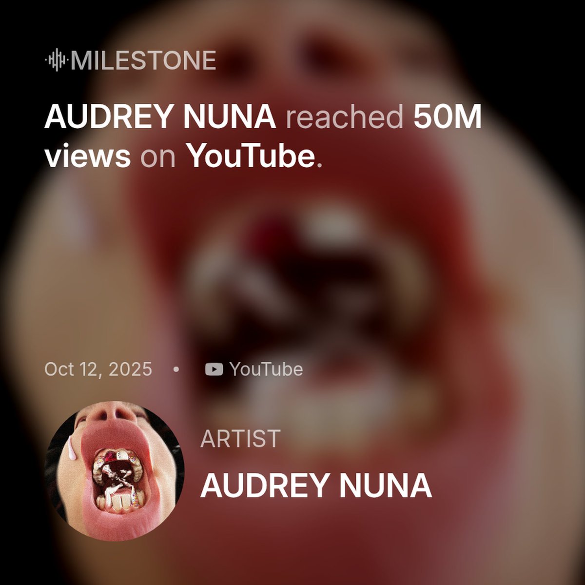 AUDREY NUNA (<a href="/audreynuna/">AUDREY NUNA</a>) reached 50M views on YouTube.