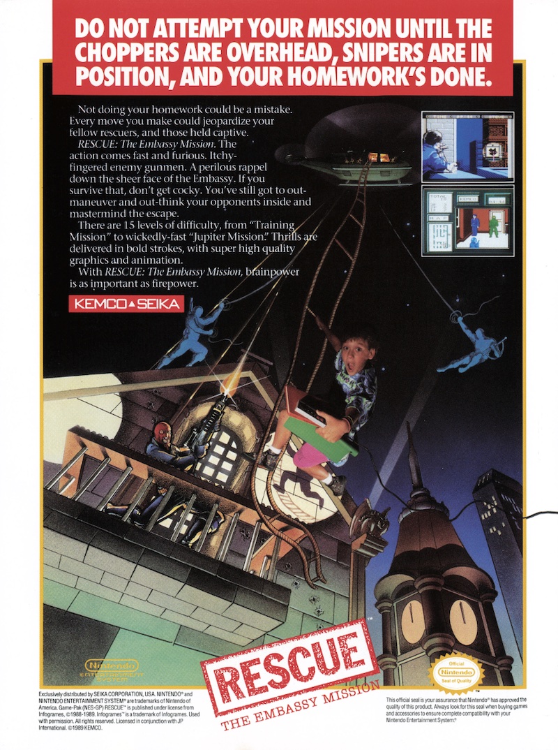 Ah yes, finish shooting all the terrorists after your homework's done, won't you? (This is a very weirdly pitched VGHF-scanned ad for Rescue: The Embassy Mission, aka Hostages.)