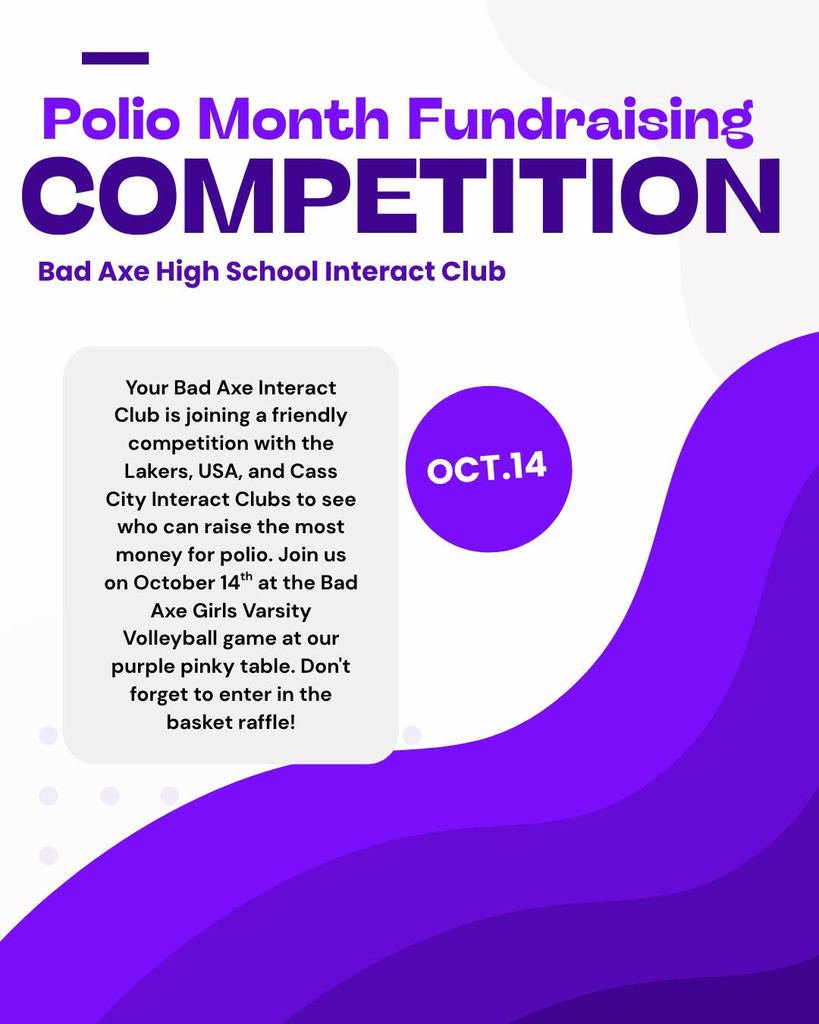 Come see our Lady Hatchets at tomorrow's home game against Millington at 7:30 pm! Did we mention, it's also Parent Night? Better yet, help out our Bad Axe Interact Club as they raise money for Polio Awareness Month during the game! 🏐