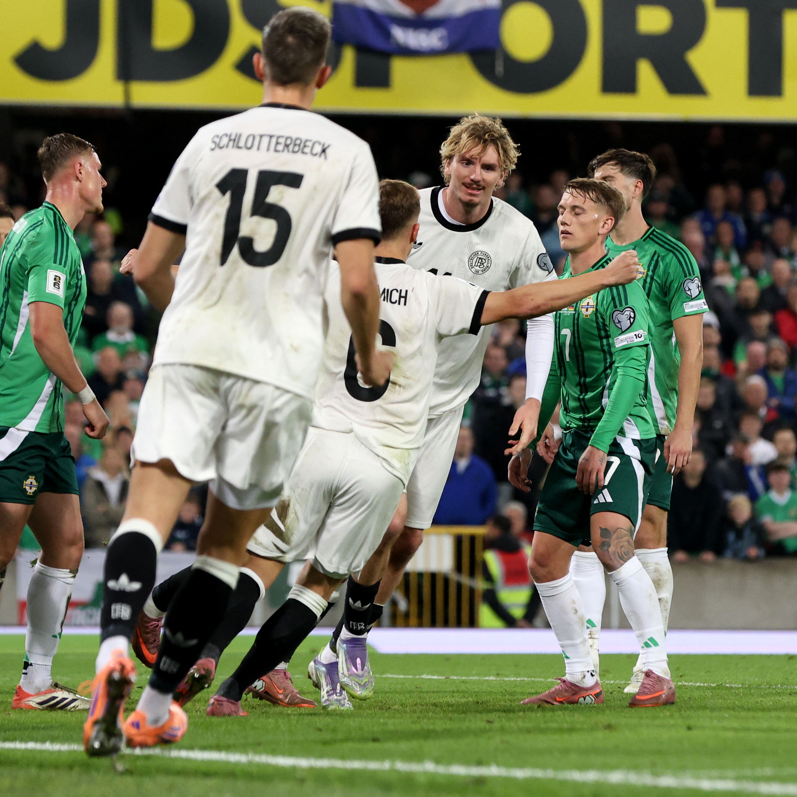 Nick Woltemade runs in celebration after scoring Germany's winning goal against Northern Ireland at Windsor Park tonight. 