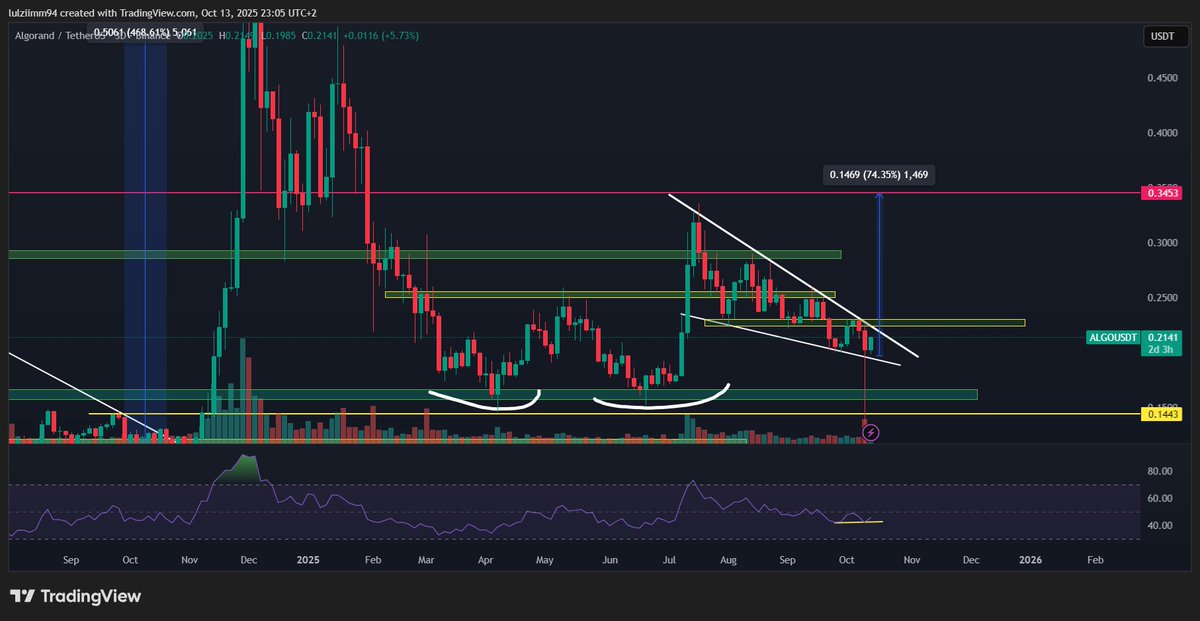lhajra1's tweet photo. Our Maestro @cryptolbn  called to buy around the 0.15 zone. Right now, we're seeing a falling wedge accompanied by a bullish divergence. All we’re waiting for is the breakout — and then, we know what comes next." $algo https://t.co/vYbJU4Wya1