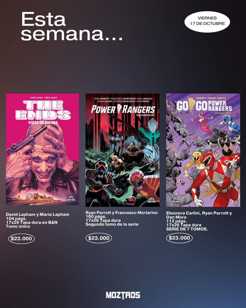 MoztrosLATAM's tweet photo. 🔥 ¡Estas son las novedades moztrosas de la semana!🔥
THE ENDS: VIDAS EN GUERRA
POWER RANGERS VOL. 2
Reingreso de GO GO POWER RANGERS VOL. 5
¡Encargalos ya en tu tienda amiga!📚✨
#Moztros #TheEnds #BadIdea #PowerRangers #GGPR https://t.co/VFXlO6nEVB