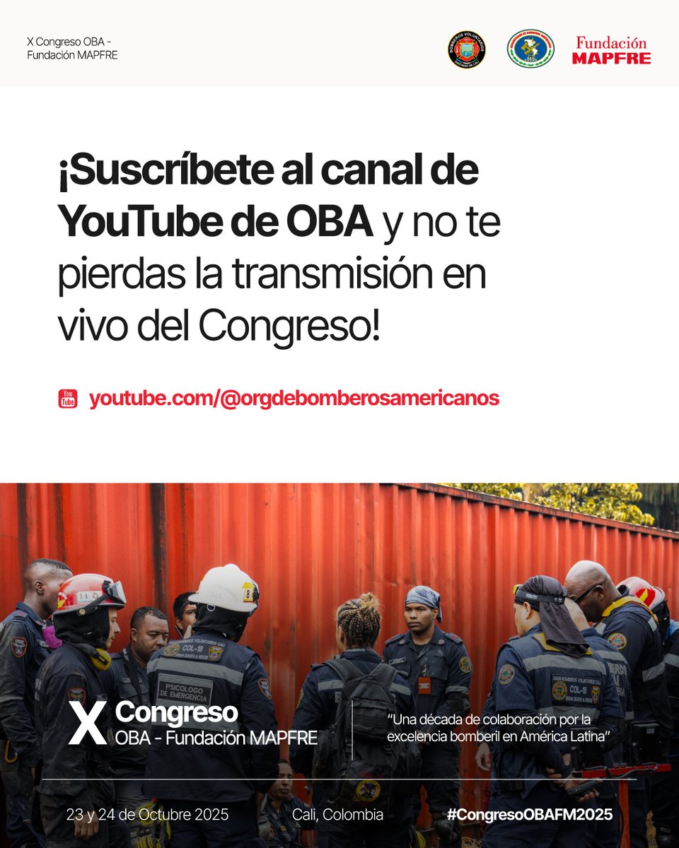 🔴 X Congreso OBA – Fundación MAPFRE (<a href="/fmapfre/">Fundación MAPFRE</a>) 

📍 23 y 24 de octubre | Cali, Colombia 🇨🇴🔥
Referentes de toda la región compartirán conocimientos y experiencias en gestión del riesgo y respuesta ante emergencias.

🖥️ ¡Seguilo en vivo por YouTube! youtube.com/@orgdebomberos…