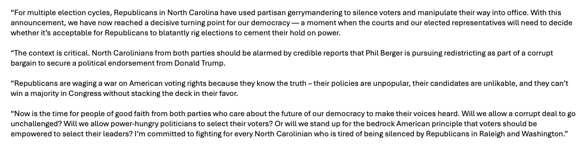 Reuben Jones (@reubenjones1) on Twitter photo New:
<a href="/RepDeborahRoss/">Congresswoman Deborah Ross</a>, one of 4 Democrats in the NC Congressional delegation, has released this statement on the General Assembly considering a new Congressional map that adds a Republican seat.
Current delegation is 10 R's, 4 D's.
#ncpol New:
<a href="/RepDeborahRoss/">Congresswoman Deborah Ross</a>, one of 4 Democrats in the NC Congressional delegation, has released this statement on the General Assembly considering a new Congressional map that adds a Republican seat.
Current delegation is 10 R's, 4 D's.
#ncpol