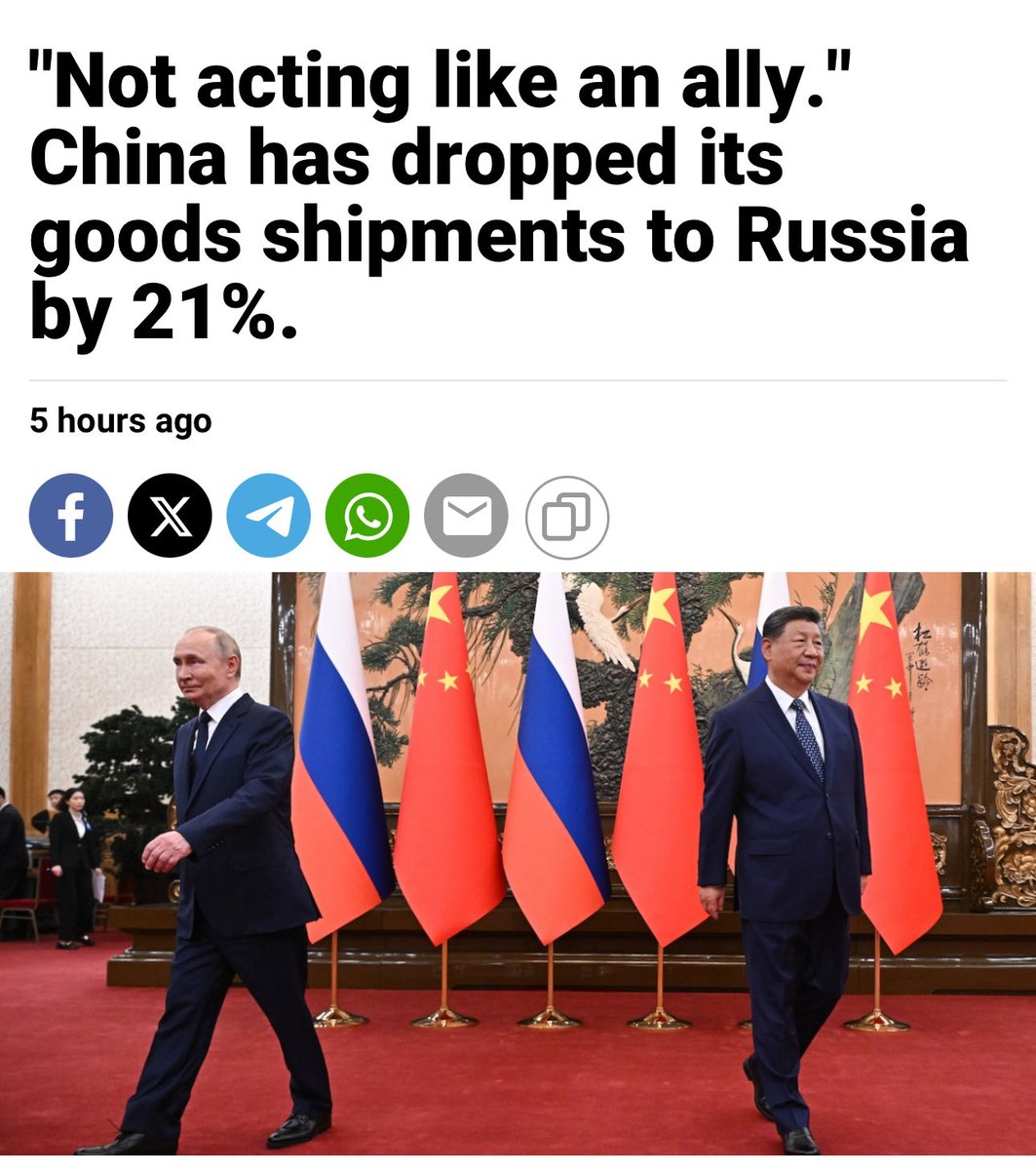 ‼️ Russia: “"Not acting like an ally." China has dropped its goods shipments to Russia by 21%.”

🇨🇳: BEST FRENEMIES FOREVER!

moscowtimes.ru/2025/10/13/nev…