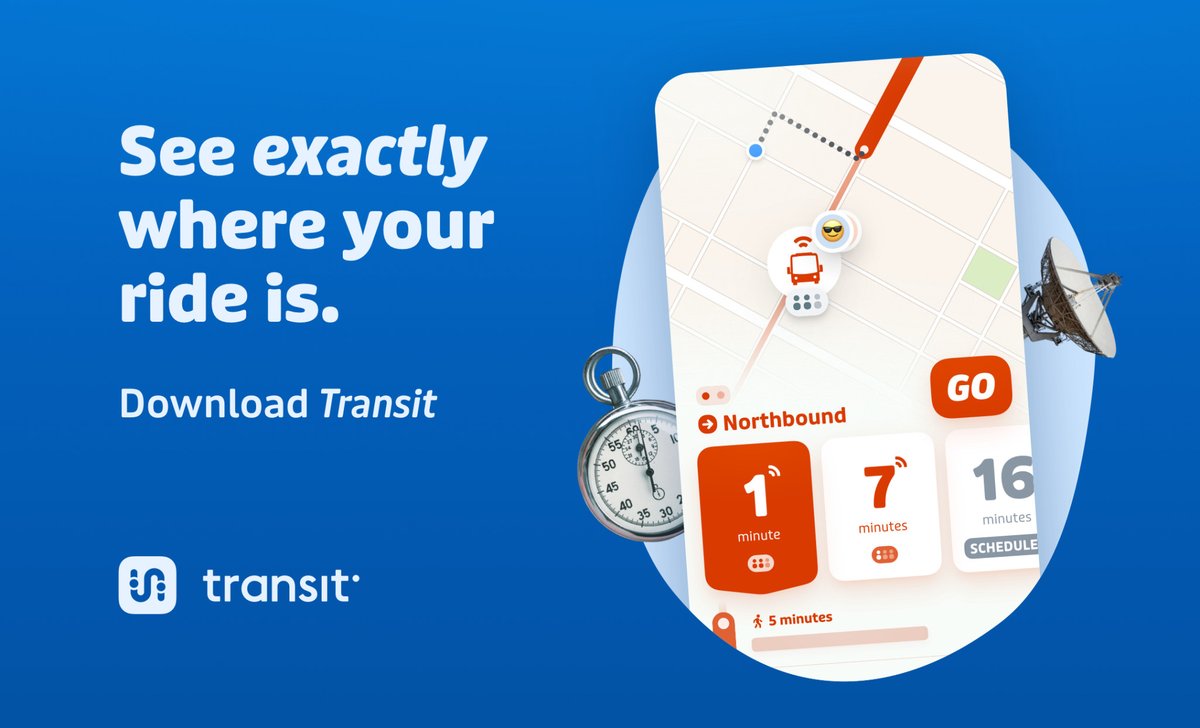 RideCATA's tweet image. Using Transit app to plan your trip? 🚍 You can track your bus, too!

See real-time updates and watch your vehicle move on the map. 🗺

Download Transit and learn more at cata.org/transit.

#rideCATA #PublicTransit #Transitapp