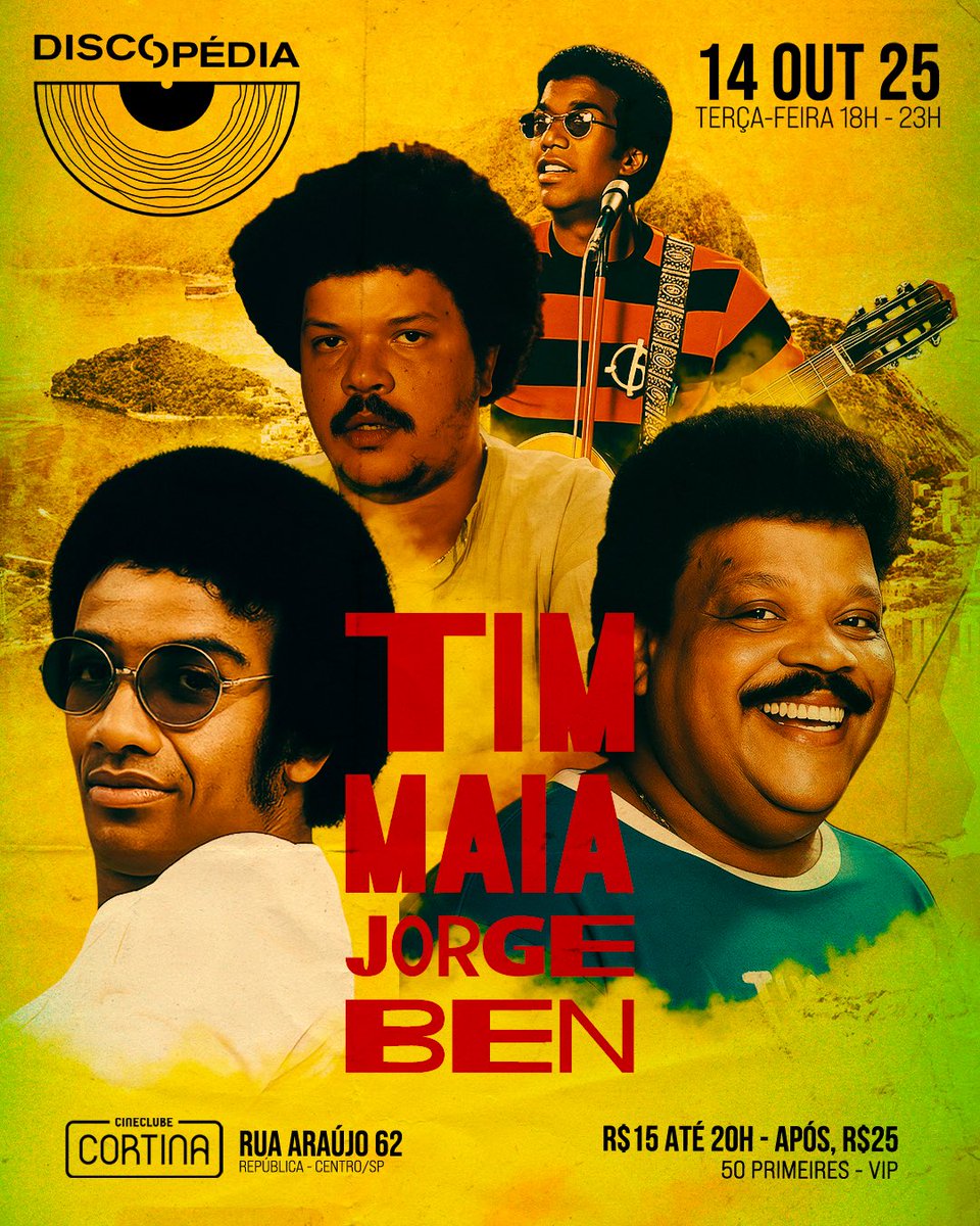 _Discopedia's tweet image. A sensacional de São Paulo, orgulhosamente apresenta, o especial "Jorge Ben &amp;amp; Tim Maia"!

Amanhã, dia 14/10/2025, a partir das 18h no Cineclube Cortina.

DJs DanDan, Marco &amp;amp; Nyack no comando da nave.
Abertura, DJ Lino.