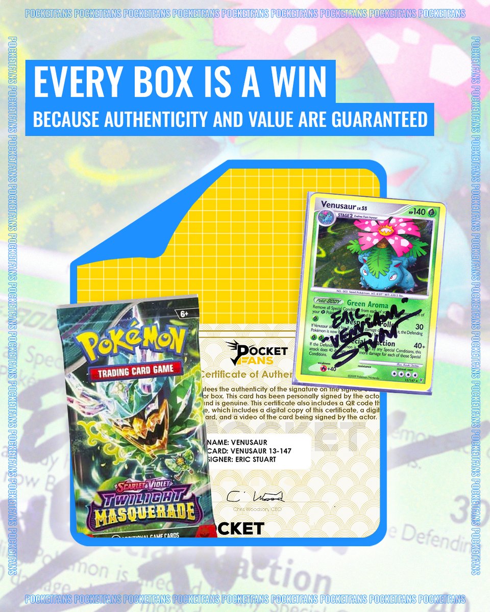 Pocket_Fans's tweet image. Every Pokémon fan deserves a win. ⚡

That’s why each Collector Box comes with guaranteed value, signed holographic cards, factory-sealed booster packs, and proof of authenticity you can trust.

#collectorsbox #signedcards #voiceactors #authenticcollectibles #pocketfans