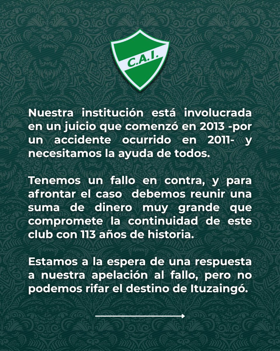 ItuzaingoPrensa's tweet photo. Nuestra institución está involucrada en un juicio que compromete la continuidad de este club con 113 años de historia.

Tu colaboración es fundamental para defender a Ituzaingó. https://t.co/ZzIrLuCDWA