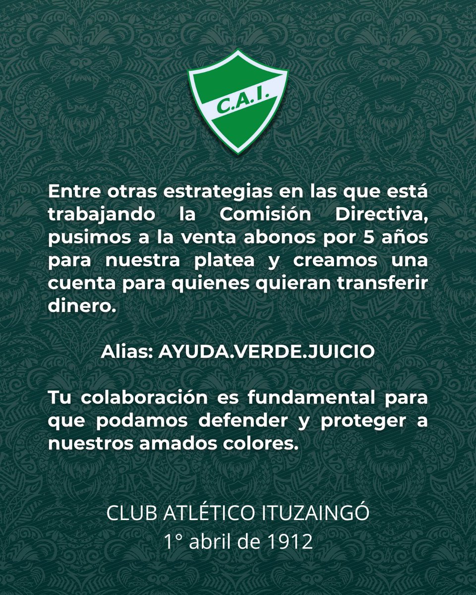 Nuestra institución está involucrada en un juicio que compromete la continuidad de este club con 113 años de historia.

Tu colaboración es fundamental para defender a Ituzaingó.