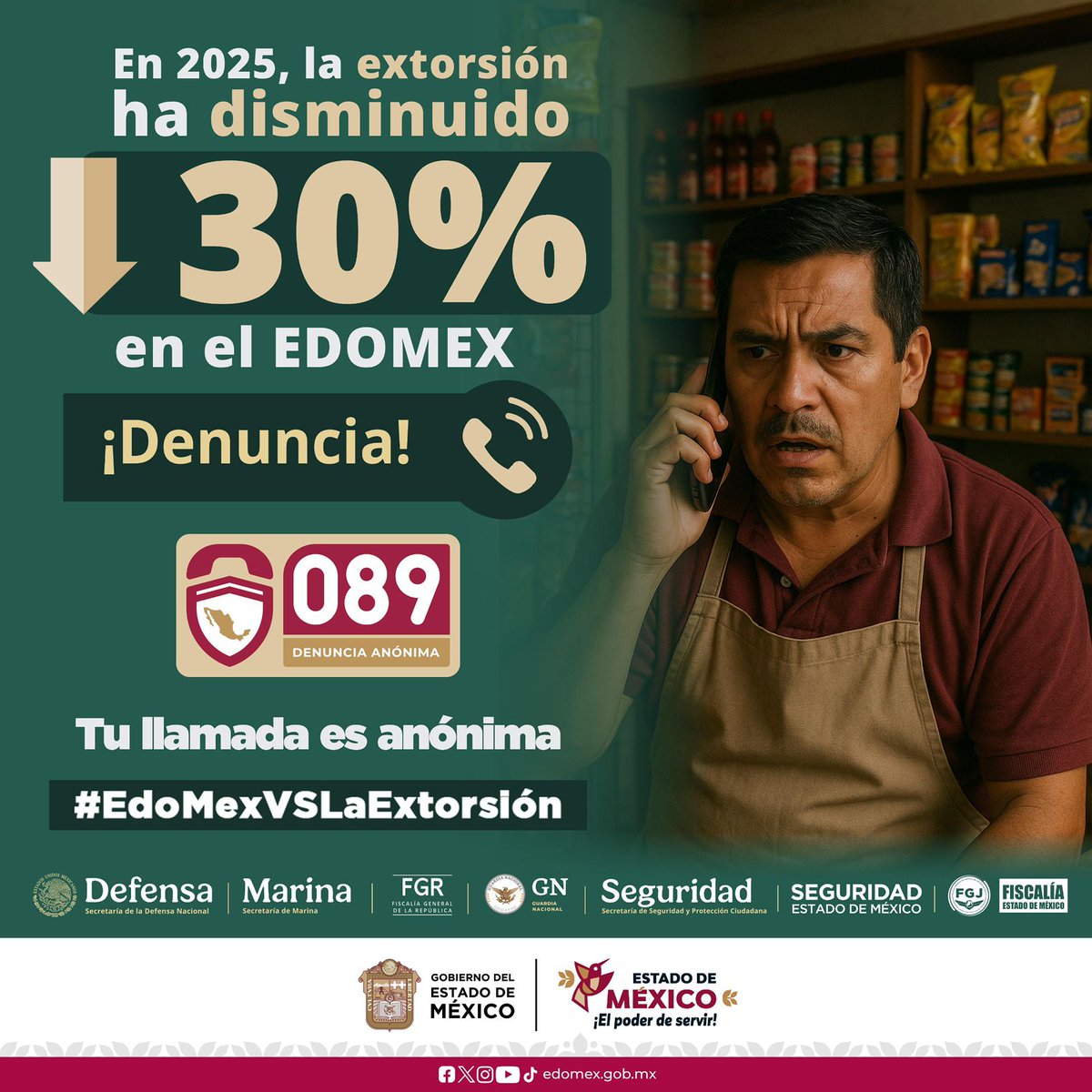 BienestarEdoMx's tweet image. #EdoMexVsLaExtorsión | Gracias a la participación y confianza ciudadana, la extorsión se redujo un 30% en el Estado de México en 2025. ¡Tu denuncia es clave! Llama al 089, tu llamada es anónima. Juntos fortalecemos la seguridad. #ElPoderDeServir