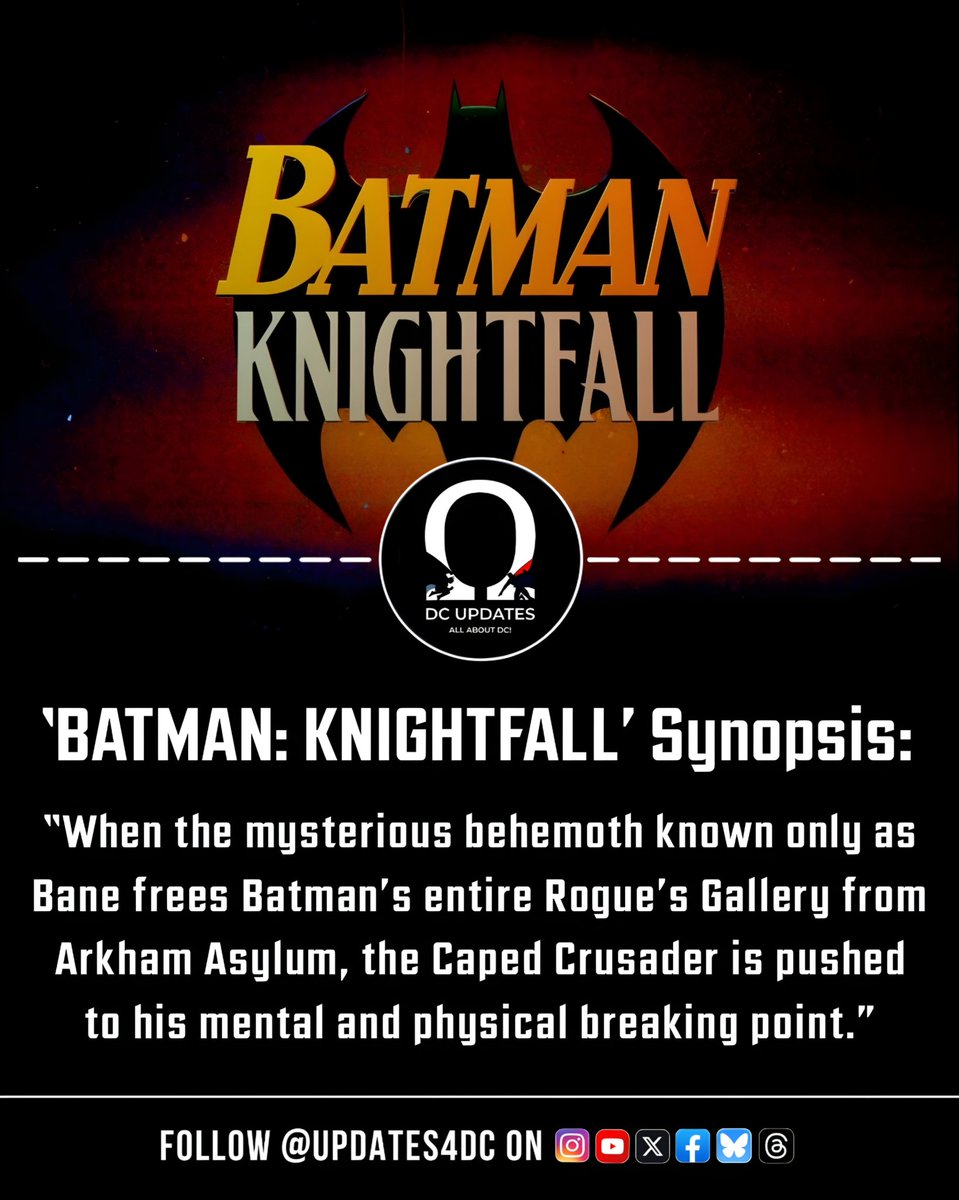 Updates4DC's tweet image. ‘BATMAN: KNIGHTFALL’ Synopsis:

“When the mysterious behemoth known only as Bane frees Batman’s entire Rogue’s Gallery from Arkham Asylum, the Caped Crusader is pushed to his mental and physical breaking point.”

#BatmanKnightfall #DCAnimation #Bane #Batman