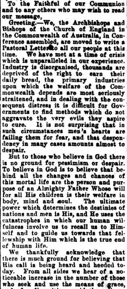 AustAnglican's tweet image. 14 October 1931: In the context of General Synod -  meeting "at a time of crisis which is unparalleled," the bishops and archbishops issued a pastoral letter to a country in the grip of economic depression. #anglican #94years Short extract: