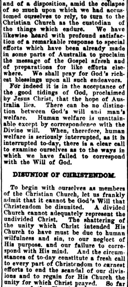 AustAnglican's tweet image. 14 October 1931: In the context of General Synod -  meeting "at a time of crisis which is unparalleled," the bishops and archbishops issued a pastoral letter to a country in the grip of economic depression. #anglican #94years Short extract: