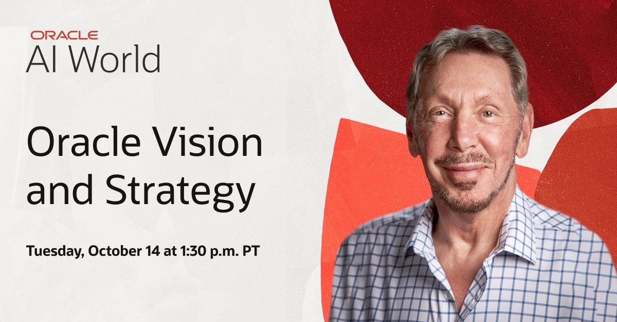 Oracle's tweet image. Tomorrow! Make sure to tune into Larry Ellison’s keynote live from #AIWorld: social.ora.cl/6016AxlOe