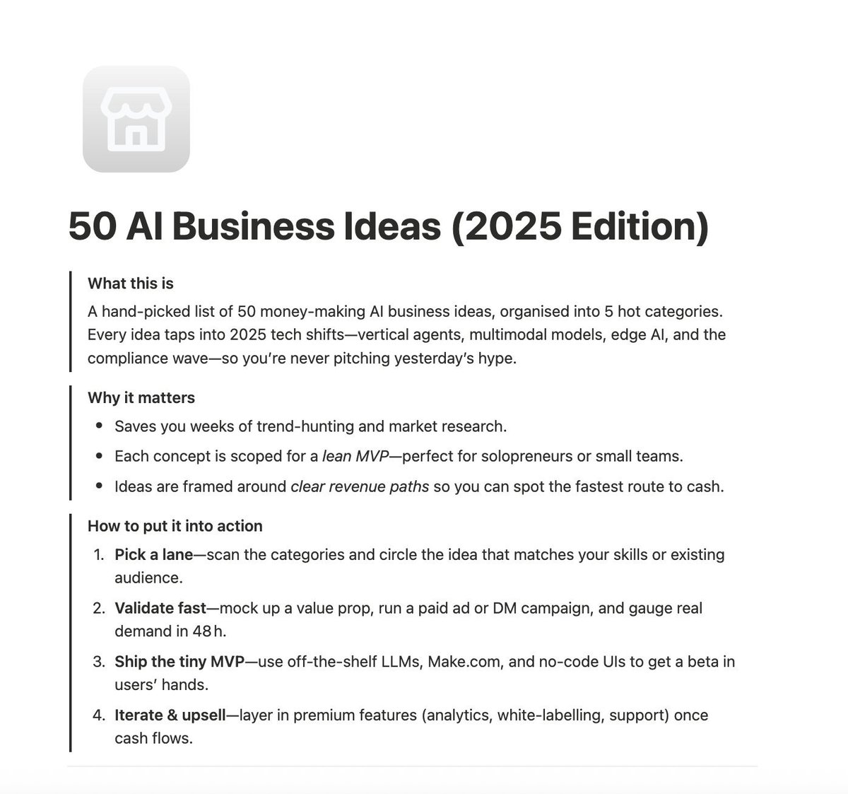 sc0rp10n_py's tweet image. Spent weeks uncovering 2025’s most profitable AI ideas.
Found 50+ money-making concepts with revenue models, MVP scopes, and full tech stacks — ready to build now.
For solopreneurs who want to ride the AI wave early.
Comment “IDEAS” and I’ll DM you the list (follow required).