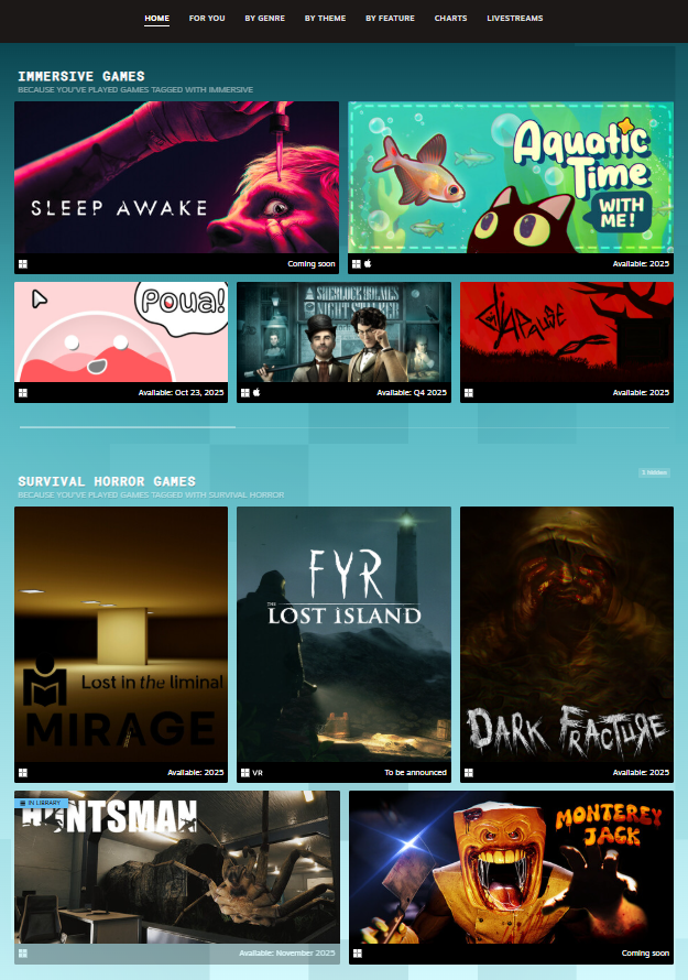 FEARtheHuntsman's tweet image. Eye spy with my eight little eyes something beginning with H.... on the Steam Next Fest homepage. Lookit, we're famous. Play the demo now, leave a review and get pumped for November's launch. #indiegame #horrorgame #spider