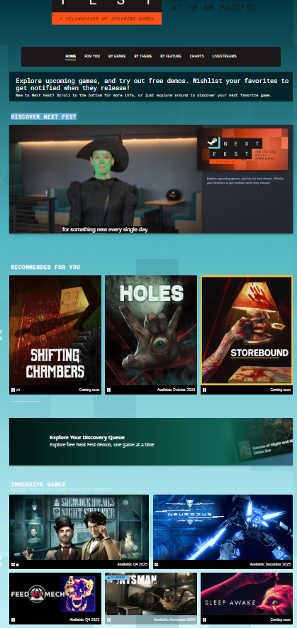 FEARtheHuntsman's tweet image. Eye spy with my eight little eyes something beginning with H.... on the Steam Next Fest homepage. Lookit, we're famous. Play the demo now, leave a review and get pumped for November's launch. #indiegame #horrorgame #spider