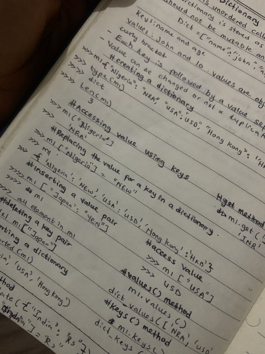 officialesther1's tweet image. Day 10–12 of my Data Analytics Journey
I learnt about Sets, how to find unique elements & perform set operations.
•Dictionaries —how to create them, access values using keys, replace values, insert & delete key-value pairs.
•Also explored sorting dictionaries & using built-in