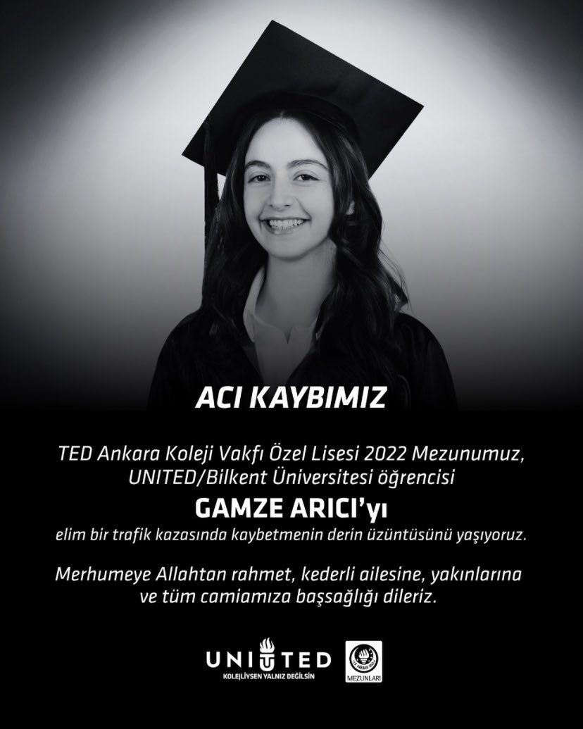 Nazlı Çınardalı (@c_nardal) on Twitter photo Az önce öğrendim.. TED Ankara Koleji mezunu, Bilkent Üniversitesi Mimarlık Bölümü öğrencisi ve arkadaşı Beytepe yolunda trafik kazasında hayatını kaybetmiş. O kadar kahroldum ki.. Çok ama çok üzgünüm. Allah ailelerine sabır versin. Çok acı..<a href="/TEDAnkara/">TED Ankara Koleji</a> <a href="/BilkentUniv/">Bilkent Üniversitesi</a> Az önce öğrendim.. TED Ankara Koleji mezunu, Bilkent Üniversitesi Mimarlık Bölümü öğrencisi ve arkadaşı Beytepe yolunda trafik kazasında hayatını kaybetmiş. O kadar kahroldum ki.. Çok ama çok üzgünüm. Allah ailelerine sabır versin. Çok acı..<a href="/TEDAnkara/">TED Ankara Koleji</a> <a href="/BilkentUniv/">Bilkent Üniversitesi</a>