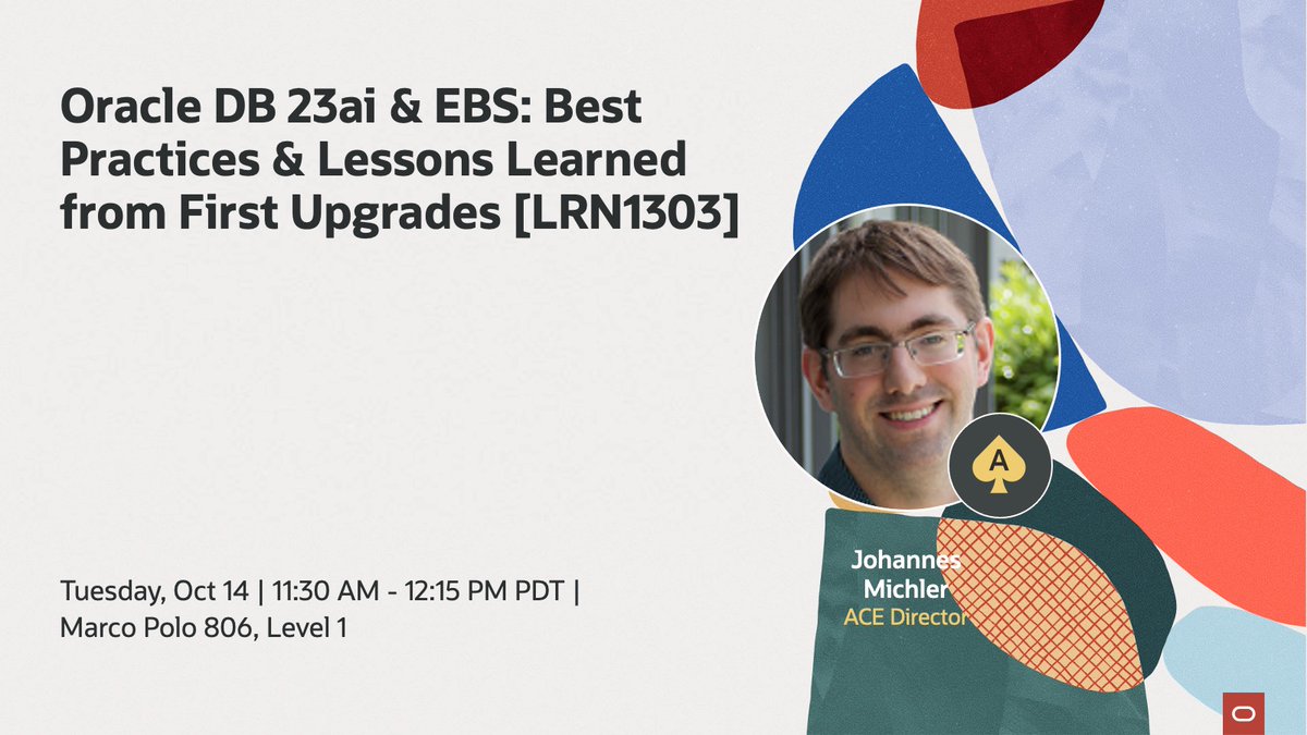 oracleace's tweet image. Planning to upgrade E-Business Suite to Oracle Database 23ai?
Don’t miss Oracle DB 23ai &amp;amp; EBS: Best Practices &amp;amp; Lessons Learned from First Upgrades [LRN1303] at Oracle AI World! 

Oracle ACE Director Johannes Michler shares:
🔹 Exclusive insights from real customer…