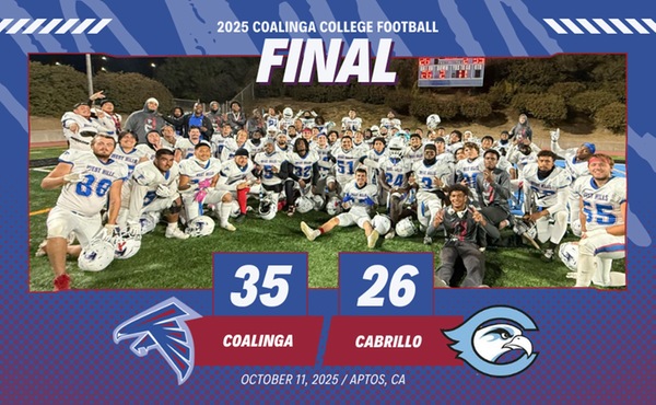 Coalinga College Falcons (@coalingafalcons) on Twitter photo Soph running back Demarion Wright ran for 157 yards and 3 TD's to help lead Coalinga to a 35-26 win at Cabrillo in both teams' American Golden Coast Conference opener.
The Falcons won their 4th straight game to improve to 4-2 overall and 1-0 in league play. Soph running back Demarion Wright ran for 157 yards and 3 TD's to help lead Coalinga to a 35-26 win at Cabrillo in both teams' American Golden Coast Conference opener.
The Falcons won their 4th straight game to improve to 4-2 overall and 1-0 in league play.