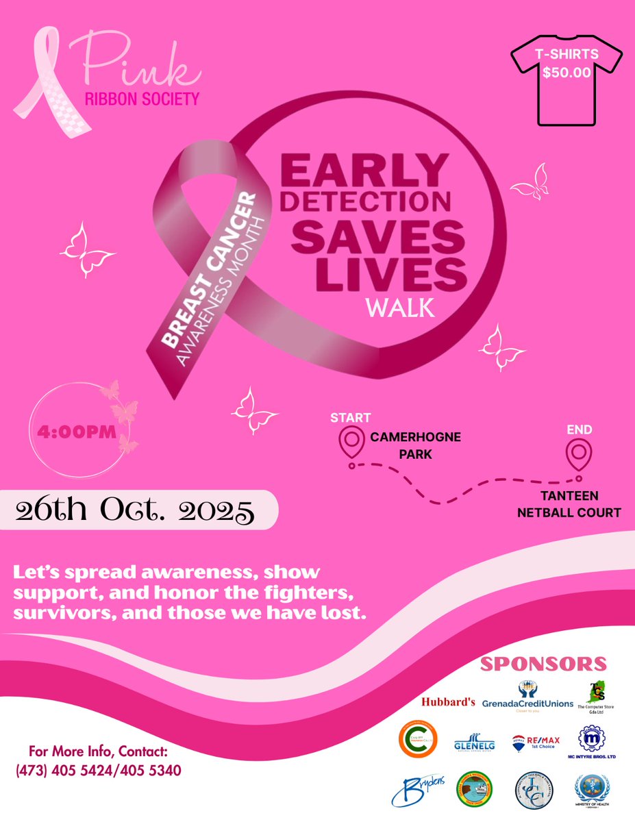 The Grenada Pink Ribbon Society's Annual Early Detection Save Lives Walk - Oct 26, 2025
Starting from Camerhogne Park to Tanteen Netball Court at 4 p.m.

#breastcancerawareness #breastcancer #breastcancerawarenessmonth #grenada #grenadapinkribbonsociety