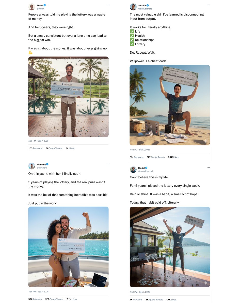 dagorenouf's tweet image. Imagine your Twitter feed only showed people who won the lottery.
Every day you only see posts from people who won big.
Within a few weeks you’d start to think winning the lottery is normal.
And you'd probably start playing the lottery yourself 🤑
At first you would lose of…